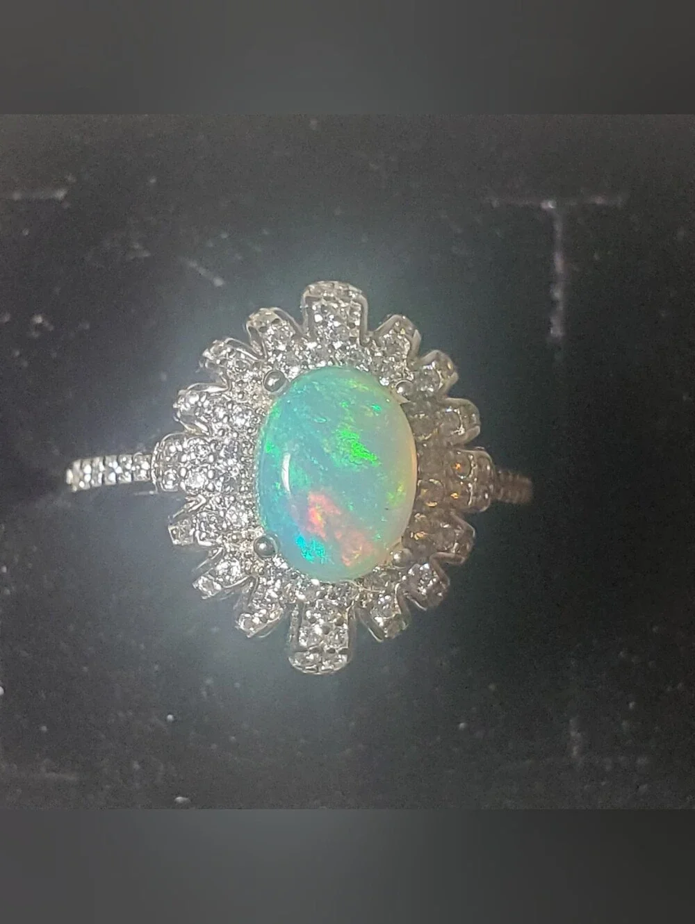 Sunburst Halo Australian White Opal CZ 925 Sterling Silver Adjustable Ring